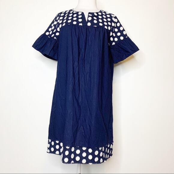 J. Crew Bell Sleeve Fringe Dot Dress blue white sz 10 - Picture 5 of 8